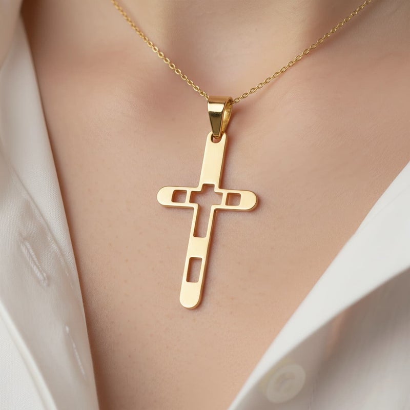 A large gold-tone cross pendant (chain not included), crafted from rust-resistant stainless steel, featuring an elegant openwork design. A modern accessory that adds a touch of distinction and spirituality to your look. - Image 5